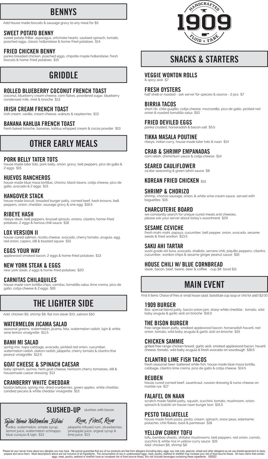 Brunch Dinner 1909 Fluid & Fare